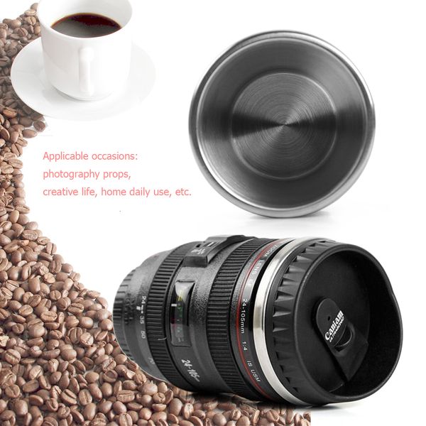 Canecas Garrafa de vácuo de aço inoxidável copo de isolamento térmico 350ml / 420ml lente de câmera criativa forma café chá drinkware com tampa 230927