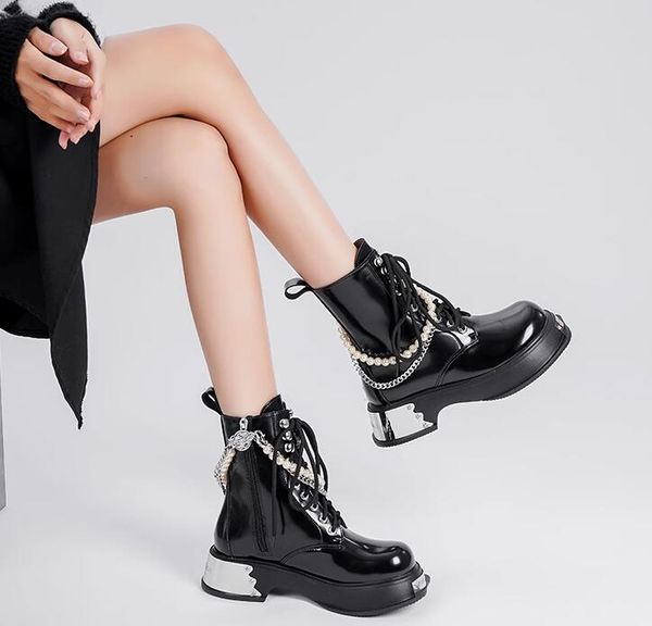 Mulheres designer de luxo preto tornozelo botas de couro genuíno lantejoulas estilo rock punk sapatos de alta elevação outono inverno salto plano plataforma feminina botas de moda