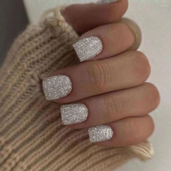 Falsche Nägel Französische Mode Kurze Runde Glitzer Silber Gefälschte Blau Lila Farbverlauf Aurora Scheiben Nagelspitzen für Salon