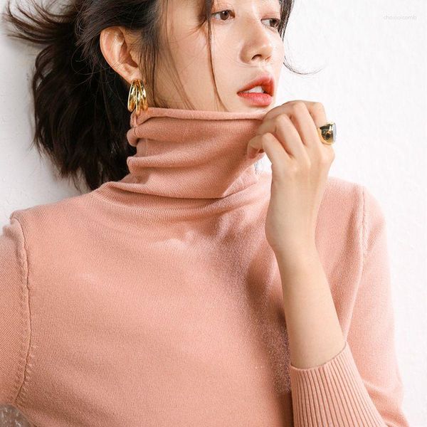 Suéter feminino cashmere mistura de algodão gola alta mulheres 2023 outono inverno moda coreana gola alta pulôver feminino casual suéter de malha