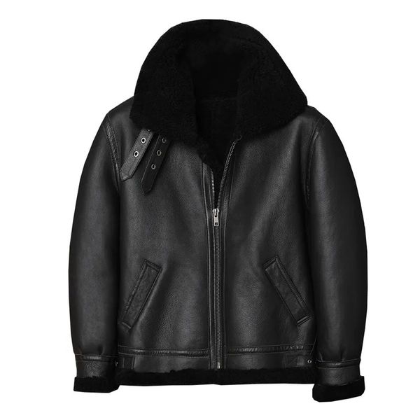 Couro masculino falso estilo militar preto shearling jaqueta homens plus size 5xl natural pele de carneiro inverno grosso b3 bombardeiro piloto genuíno casaco 230927