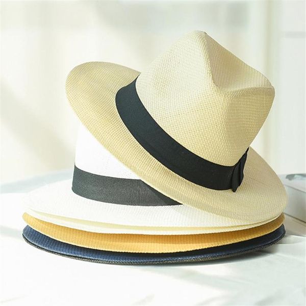 HT2261 2020 Neue Sommer Hüte für Männer Frauen Stroh Panama Hüte Solide Plain Breite Krempe Strand mit Band Unisex Fedora sonnenhut289h