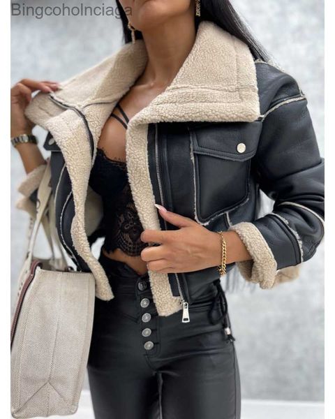 Piumino da donna Parka Giubbotti in ecopelle Donna PU Corto spesso caldo nero Capispalla femminile Aviatore Retro bavero Cappotto in velluto Capodanno Inverno TopL230927