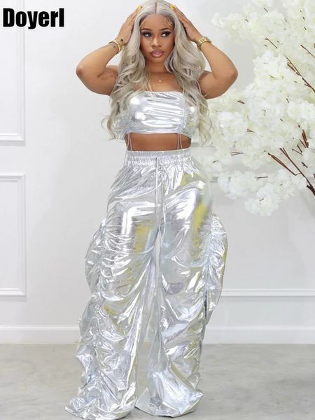 Zweiteilige Damenhose Goldsplitter Metallic Geburtstagsoutfit Zweiteilige Sets Club Party Crop Top und Hose Streetwear Hip Hop Rave Festival Outfit 230927