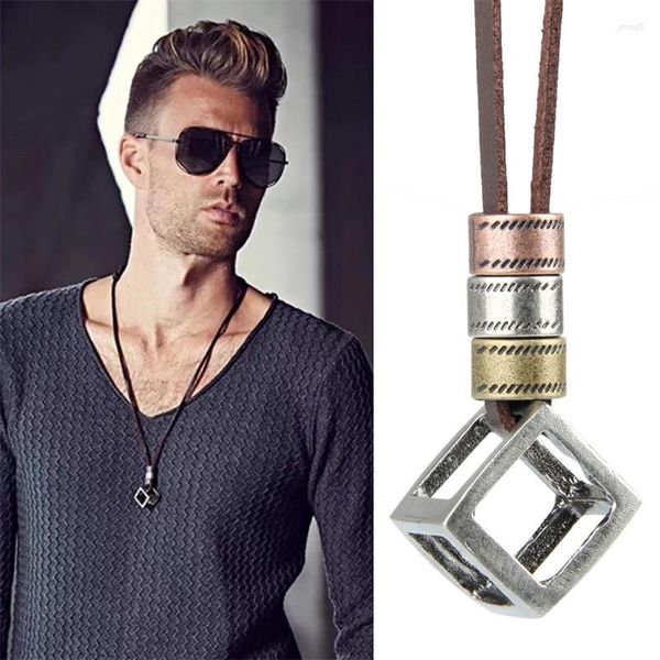 Girocollo Collana vintage a tre colori con ciondolo a cubo cavo piccolo cerchio per uomo Moda punk gotico collane in pelle con collane gioielli regali