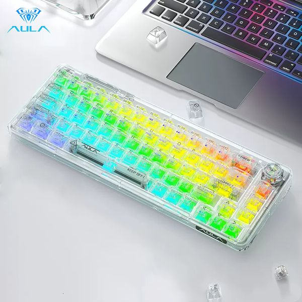 Teclados AULA F68 60 Compacto Transparente Teclado Mecânico Sem Fio RGB Retroiluminado Bluetooth Jogos com Fio para Laptop PC IOS MAC 230927