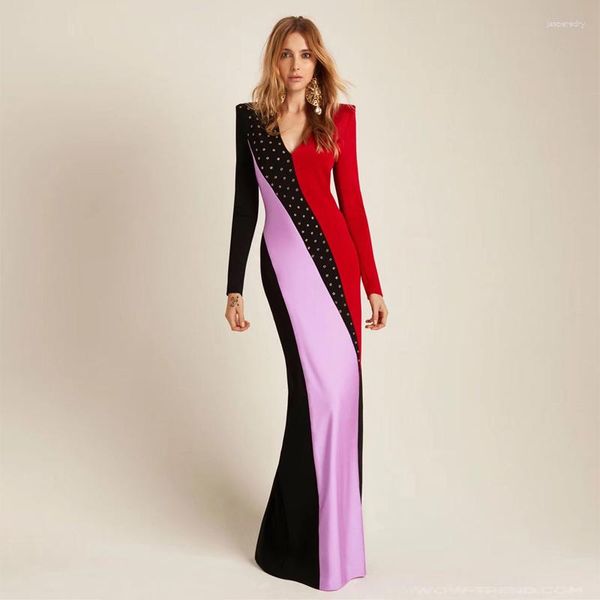 Lässige Kleider Elegante mehrfarbige Maxi-Berühmtheits-Partei-Vestidos Hochwertige Mode Schwarz Rosa mit rotem Patchwork-Langarm-Verbandkleid