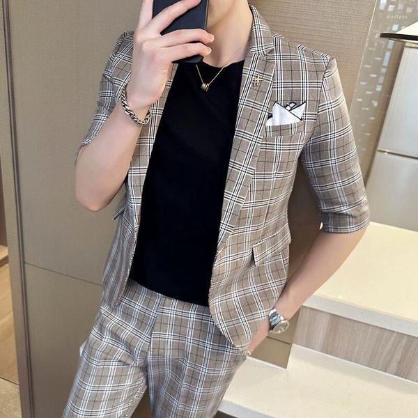 Männer Anzüge 2023 Sommer Mode Plaid Halbe Hülse Blazer Hose Slim Fit 2-teilige Hohe Qualität Männer Formale büro Party Casual Smoking