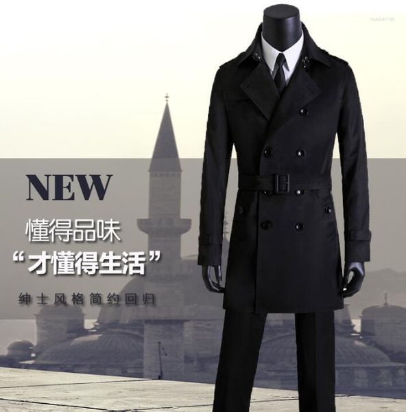 Homens Trench Coats Double Breasted Casaco Homens Slim Overcoat Manga Longa Mens Roupas Casuais Negócios Outerwear Casaco Masculino Preto Moda