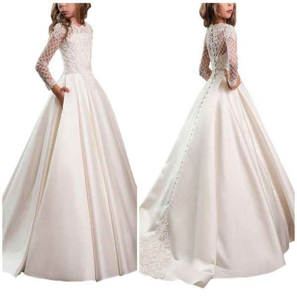 Princesa branco cetim flor menina vestidos 2021 novo sheer mangas compridas primeira comunhão vestidos de festa de aniversário meninas pageant vestido fo225v