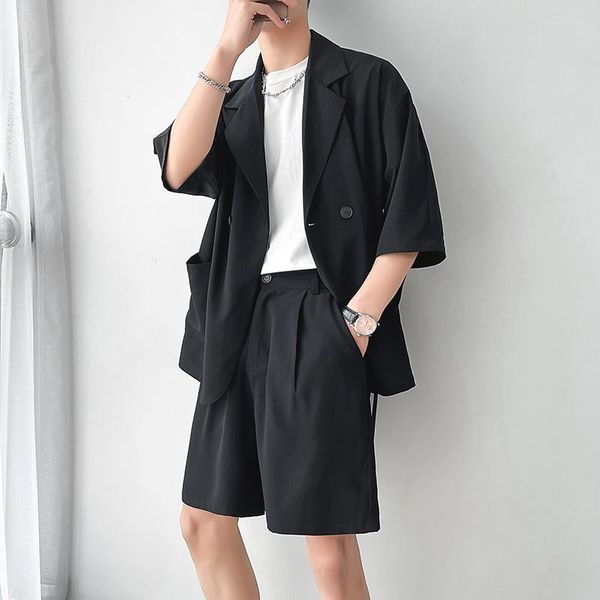 Мужские костюмы, летний костюм, мужской модный социальный мужской офисный комплект с платьем, корейский свободный пиджак с короткими рукавами/шорты, комплект из двух предметов, M-2XL