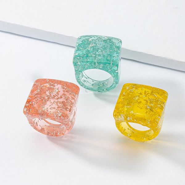 Cluster-Ringe 3 teile/satz Boho Transparent Gold Farbe Folie Pailletten Harz Acryl Ring Set Für Frauen Geometrische Quadrat Finger Sommer schmuck