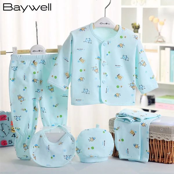 Giyim Setleri Baywell 5pcs Bebek Yenidoğan Unisex Giysileri 0-3 ay bebek bahar sonbahar baskı karikatürleri üstleri pantolonlar şapka önlükleri 230927