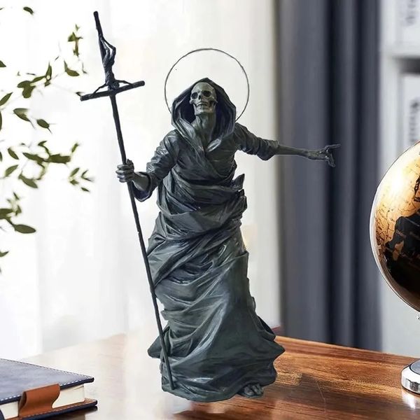 Dekorative Objekte Figuren Gothic Home Decor Statue Schwarzer Tod Skelett Wächter Halloween Skulptur Harz Dekoration Kunsthandwerk Ornamente Totenkopf Figur 230927