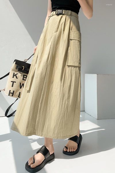 Gonne con cintura gonna a metà corpo spiegazzata a vita alta femminile estate coreana tasche da lavoro larghe moda casual lunga