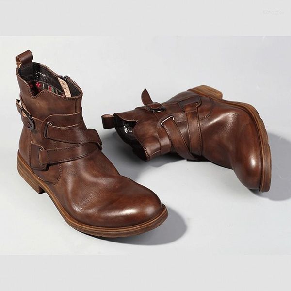 Botas de couro genuíno retro homens marca casual alta superior dupla fivela sapatos de trabalho luxo artesanal redondo dedo do pé zip vestido preto