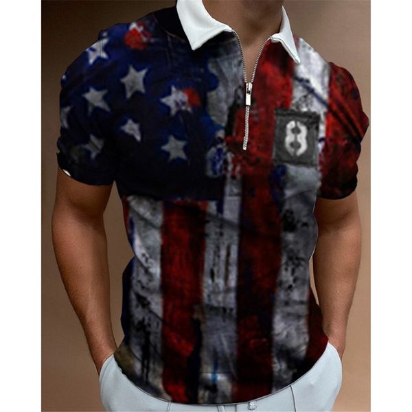 Diy roupas personalizadas t polos bandeira impressão de manga curta casual em torno do pescoço puro algodão camiseta masculina com zíper camisa polo