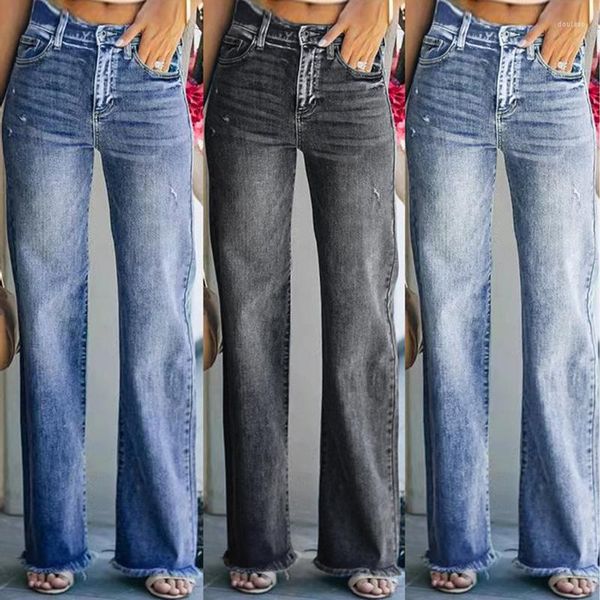 Jeans da donna gamba larga lavata danneggiata per la primavera e l'autunno 2023 Pantaloni stile leggermente sfilacciati alla moda graffiati