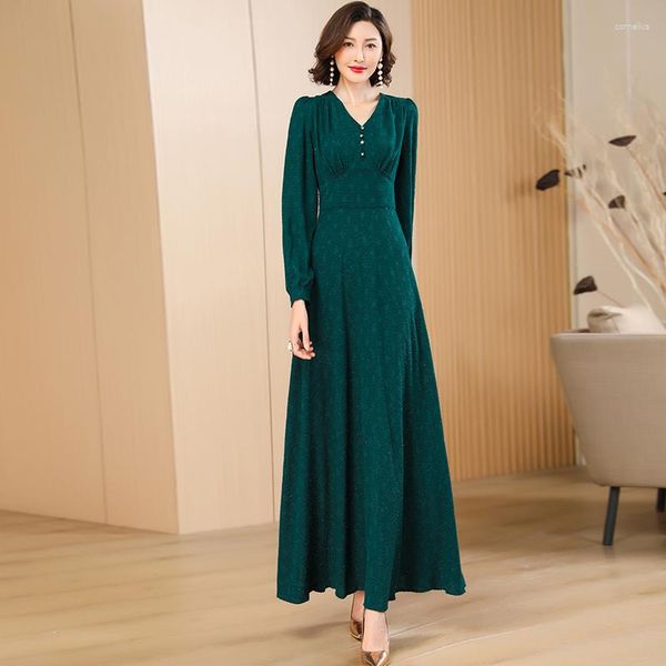 Casual Kleider Frühling Herbst Langarm Kleid Für Frauen V-ausschnitt Büro Dame Maxi Ball Unten Tasten Grüne Robe