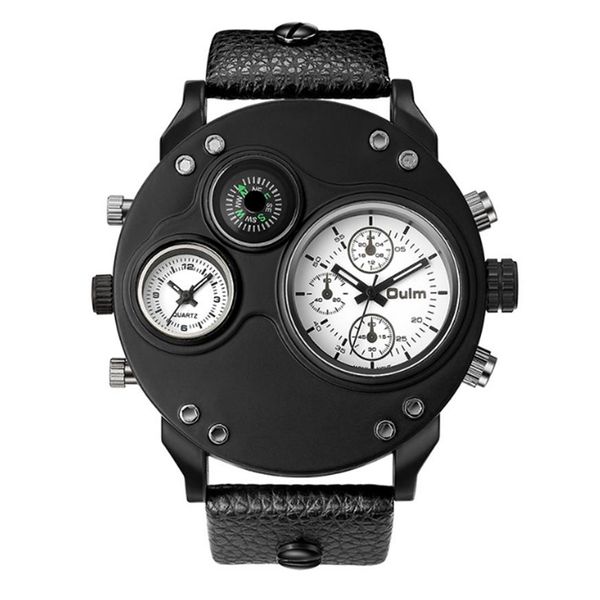 Oulm marca Smooth Lustre Celebrity qualità orologio al quarzo bussola orologi da uomo doppio fuso orario 55 mm quadrante grande Hardlex PU cinturino da polsow2647