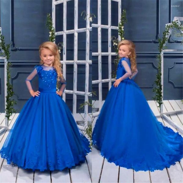 Vestidos de menina azul anjo tule renda impressão flor vestido requintado princesa bola primeira comunhão ki0ds surpresa presente de aniversário