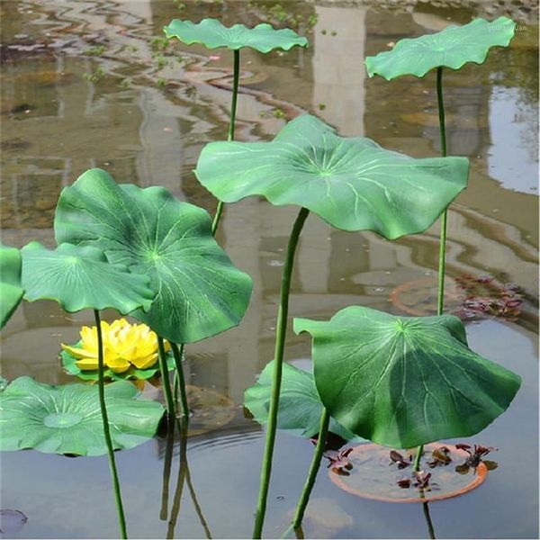 Flores decorativas grinaldas plantas artificiais folha de lótus haste longa flutuante piscina decoração aquário lagoa cenário falso casa decor263n