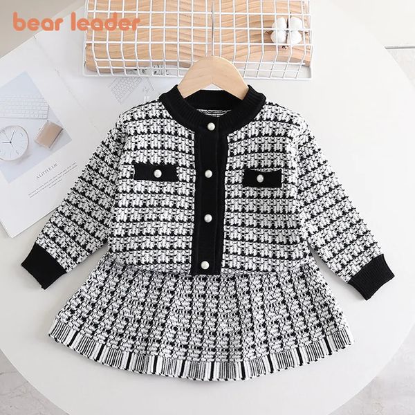 Cardigan Bear Leader Mädchen Pullover Set Herbst Winter Thousand Bird Lattice Langarm Cardigan Halbrock Zweiteilige Kleidung 230927