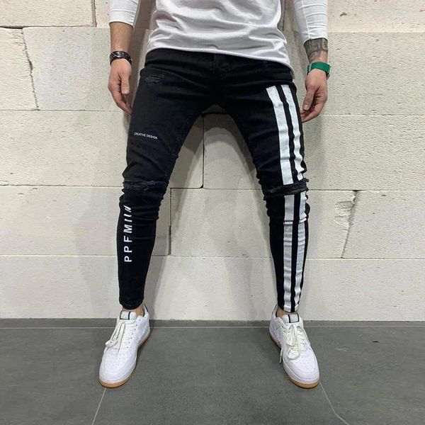 Herren Jeans Mode Männer Skinny Biker Destroyed Frayed Fit Denim Ripped Side Stripe Bleistift Hosen Hip Hop Streetwear S-3XL