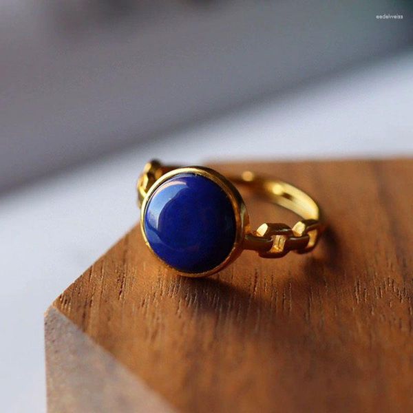 Anéis de cluster estilo tribunal vintage lapis lazuli para mulheres elegante luz luxo antigo artesanato de ouro corrente design anel de noivado jóias