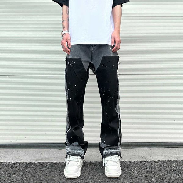 Herren-Jeans 2023, Graffiti-schwarze, ausgestellte Denim-Hose mit Patches, Hip-Hop-Spritzer-Tinte, Hose mit weitem Bein, schmale Passform, gewaschen, für Herren