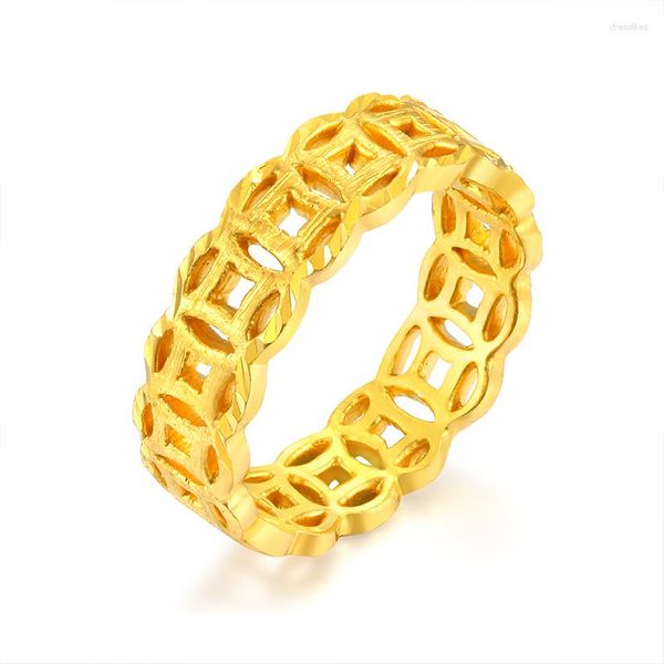 Cluster Rings Pure 24K Yellow Gold Ring Band Women 999 Carved Coin Wedding