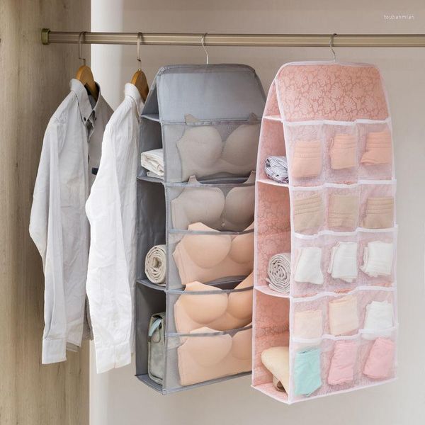 Aufbewahrungsboxen doppelseitiger Kleiderschrankschrank Organizer Klappbares Unterwäsche Hanging Bagentor Rücken Socken Kleinwindtaschen Taschen