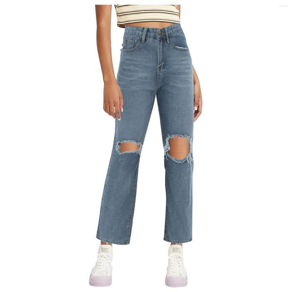 Pantaloni da donna in denim con foro jeans per donna Pantaloni da fidanzato strappati a vita alta Glutei