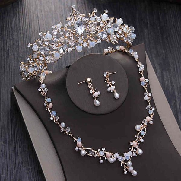 Nobili perle di cristallo Perle Set da sposa in oro Strass Diadema Diademi Collana Orecchini Corona barocca Set di gioielli da sposa268D