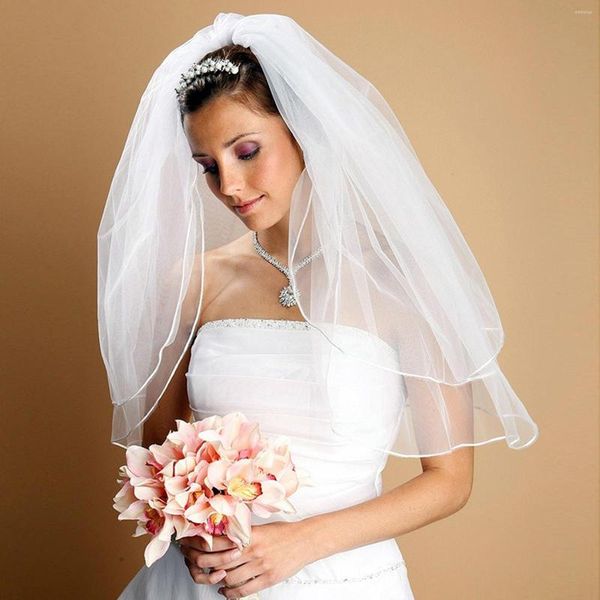 Gelin Peçe Trixy V15 Yumuşak Peçe Soutache Kablosu Kenar 2 Katman Düğün Kısa Bachelorette Aksesuarları Omuz Uzunluğu