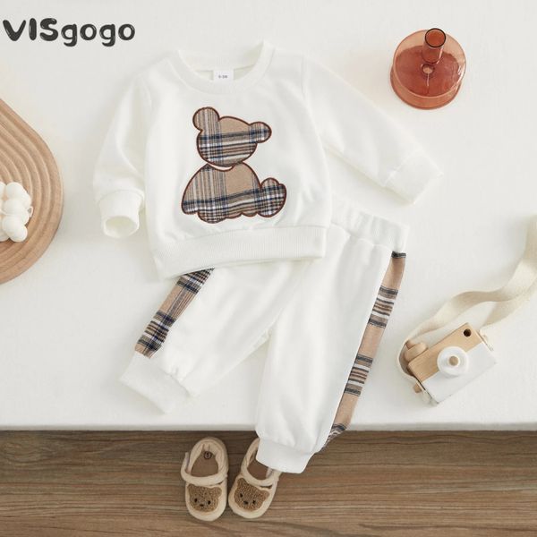 Conjuntos de roupas Visgogo Baby Girl Boy Roupas Primavera Outono Outfits Manga Longa Xadrez Urso Suéter Tops e Calças 2 Pcs Fatos Casuais 230927