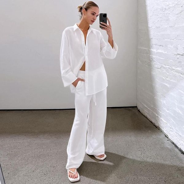 İş elbiseleri İki parçalı set kadın outifits beyaz pamuklu kumaş uzun ceket ve pantolon seti yaz nötr minimalist sokak peice