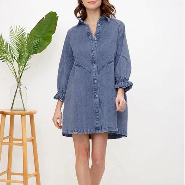 Casual Dresses Klassisches Denim-Hemdkleid für Damen, Retro-Reverskragen, Mini-Volltonfarbe, lockere Passform, einfache Laternenhülse, Streetwear-Anzug