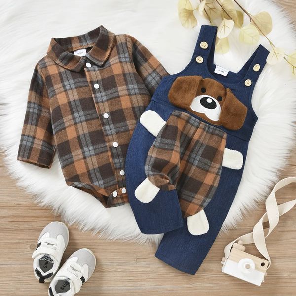 Kleidung Sets 2 Farben Herbst Baby Jungen Gentleman Kleidung 2 stücke Plaid Gedruckt Hemden Strampler + Cartoon Bär Overalls Hosen 230927