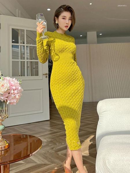 Casual Kleider Grün Rundhals Langarm Twists Pullover Kleid Frauen 2023 Herbst Winter Warm Slim Bodycon Stricken Häkeln Einfachheit