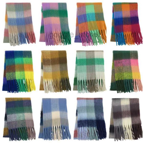 Neue Britische Ac Herbst/winter Schal frauen doppelseitige Regenbogen Plaid Farbe Block Warme Quaste Schal Mohair hals Trend