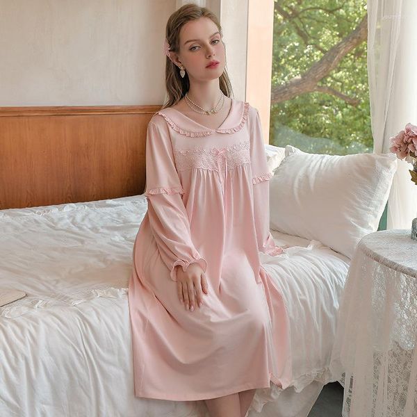 Mulheres sleepwear fada mulheres manga longa noite vestido outono doce algodão nightdress renda camisola romântica princesa nightwear