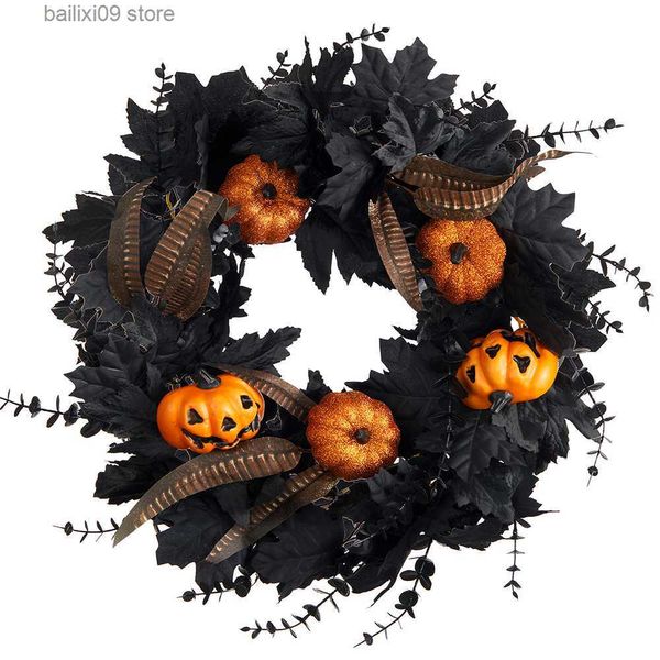 Flores decorativas grinaldas halloween preto seda maple folhas artificial eucalipto falso abóbora grinalda para casa lareira vitrine festival decoração t230927