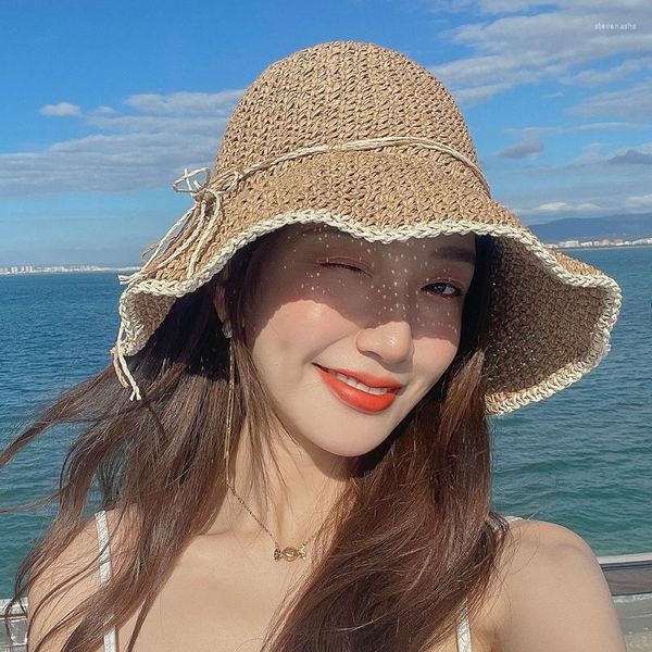 Ampla borda chapéus 2023 chapéu de palha mulheres versão coreana verão praia praia mão-tecido balde ao ar livre proteção solar boné gorras de mujeres