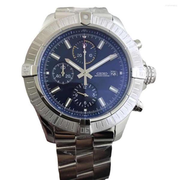 Relógios de pulso luxo mens quartzo cronógrafo relógio de aço inoxidável safira rotatable moldura azul mostrador preto