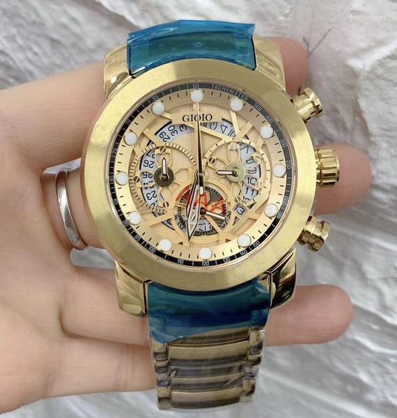 Наручные часы Роскошные мужские кварцевые часы с хронографом Секундомер Сапфир Нержавеющая сталь Розовое золото Желтый Черный Светящийся скелет