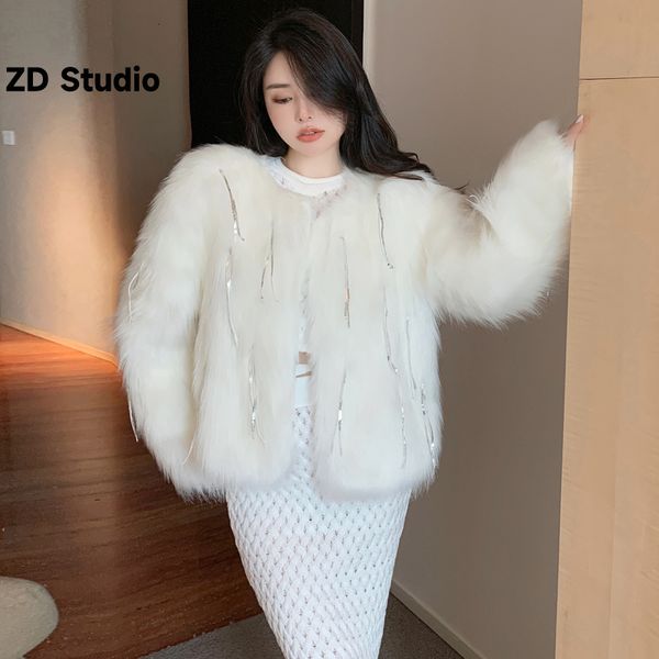 Женское короткое пальто из искусственного меха ZD Studio, осенне-зимний стиль для девочек, небольшой аромат, имитация волос с бахромой и блестками, 230926