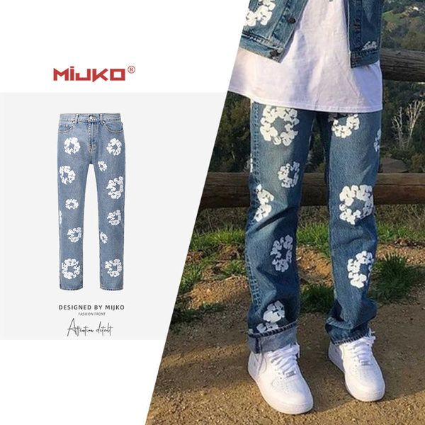 Mijko Calças masculinas femininas outono/inverno urbanas vintage de algodão estampadas calças justas e jeans de perna reta