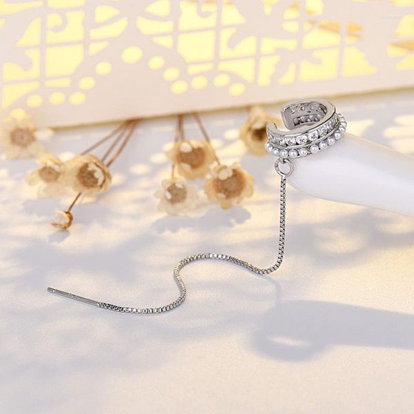 Rücken Ohrringe 1pc Clip Für Frauen Micro Intarsien Zirkon Imitation Perle Silber Farbe Lange Quaste Ohr Linie Mode Schmuck geschenke KDE014