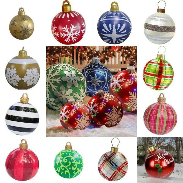 Decoração de natal ao ar livre bola inflável 60cm decoração da árvore de natal ornamento interior grandes bolas redondas pvc ouro prata floco de neve